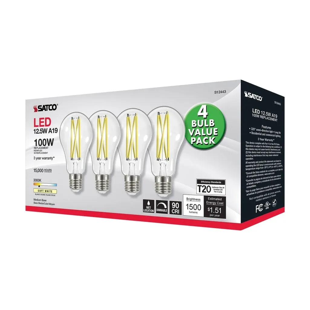 12.5W A19 LED - 100 Watt Replacement - Clear - Medium base - 3000K - 120V - 4PK