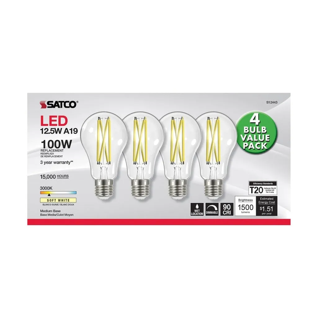 12.5W A19 LED - 100 Watt Replacement - Clear - Medium base - 3000K - 120V - 4PK