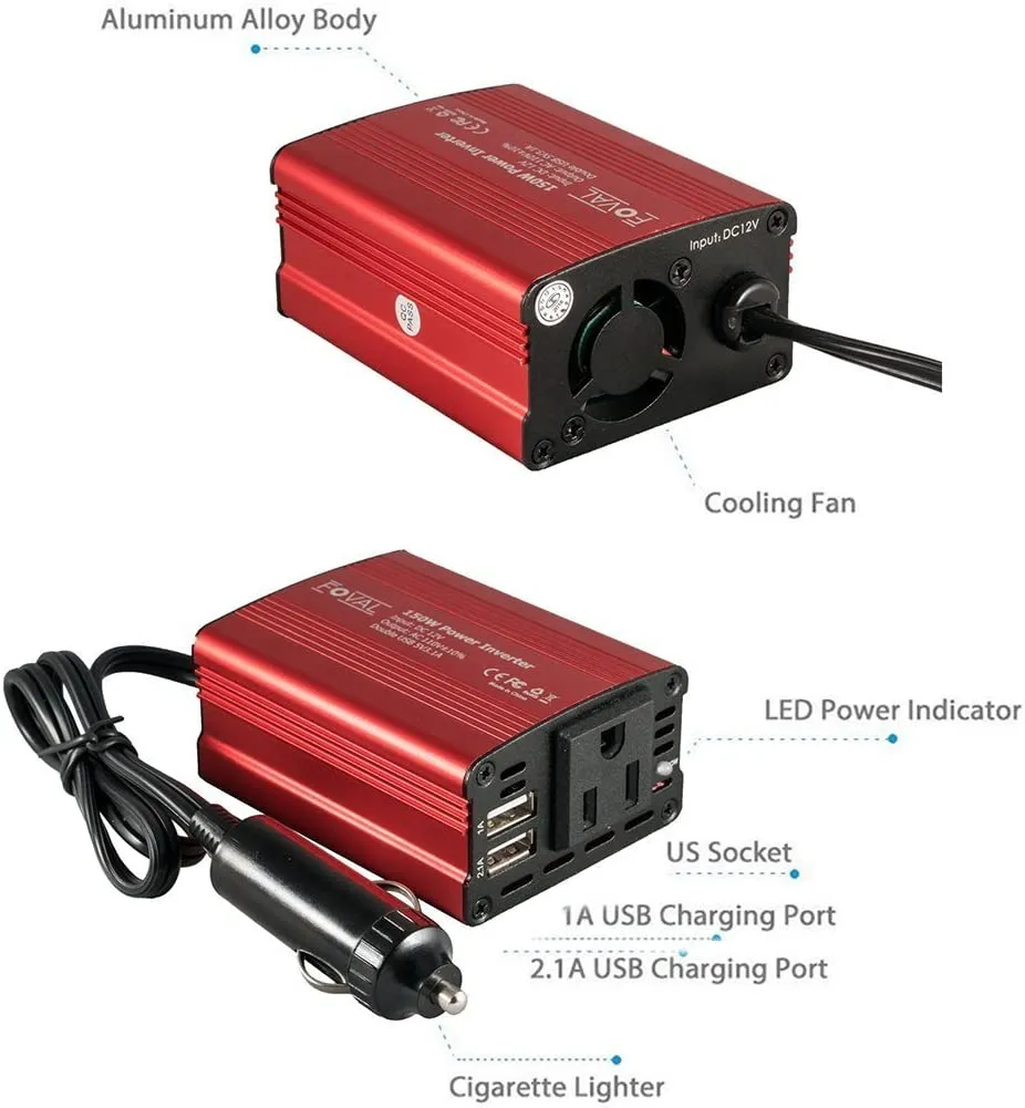 150W Car Power Inverter 12V DC to 110V AC Converter with 3.1A Dual USB Car Charger