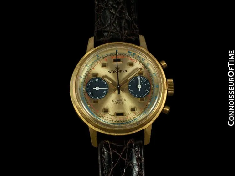 1960's Wakmann (Breitling) Vintage Pilot's Large Waterproof Chronograph - 18K Gold Plated & Stainless Steel