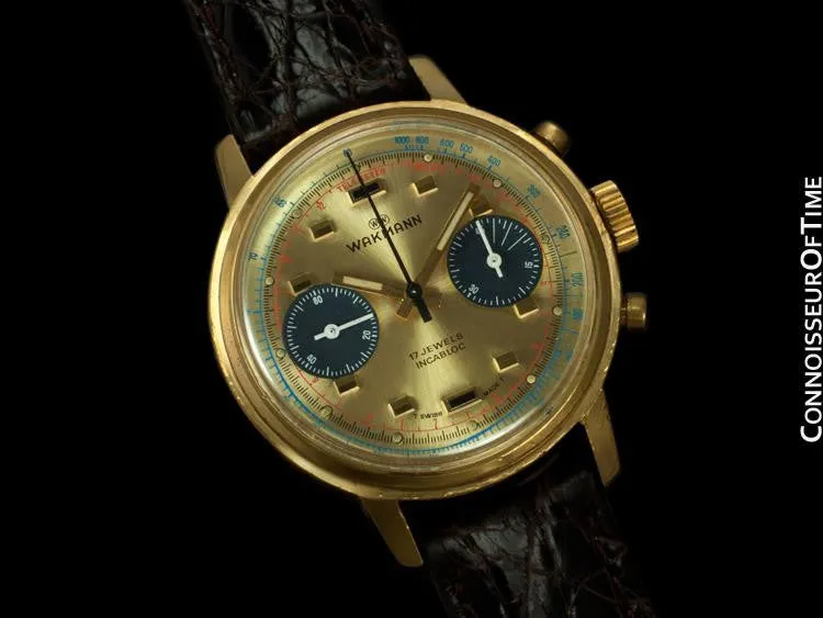 1960's Wakmann (Breitling) Vintage Pilot's Large Waterproof Chronograph - 18K Gold Plated & Stainless Steel