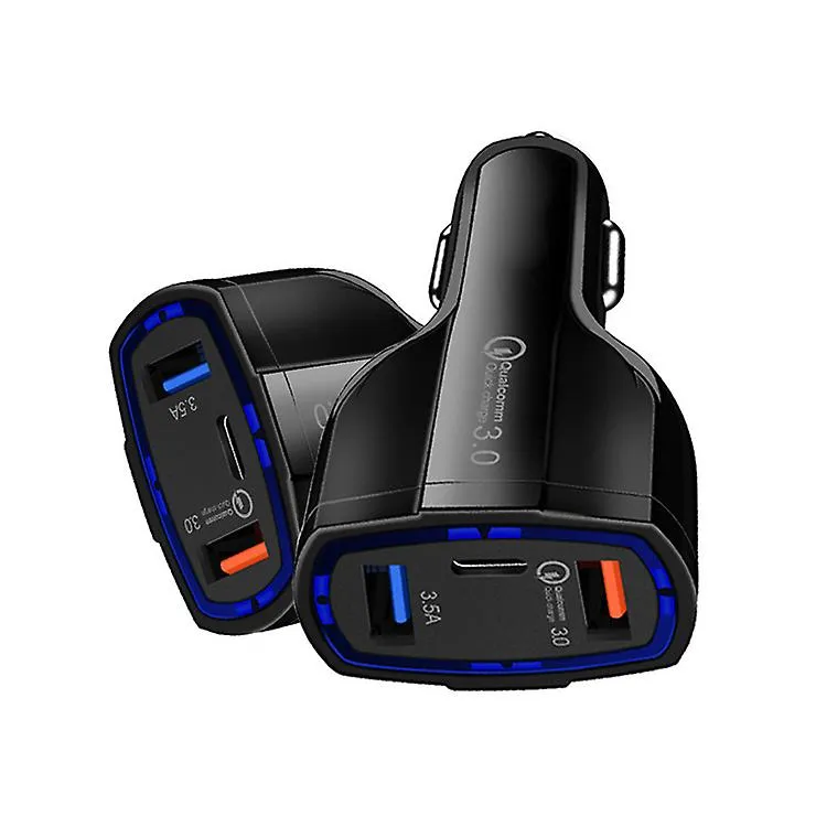 2Pcs black Quick Car Charger With 2 USB Ports and Type-C Port AZ12190