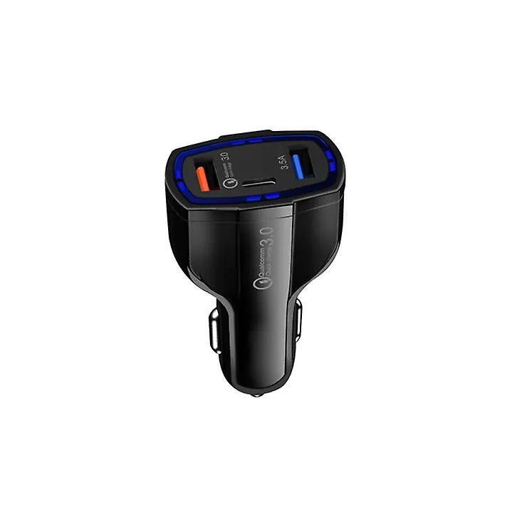 2Pcs black Quick Car Charger With 2 USB Ports and Type-C Port AZ12190