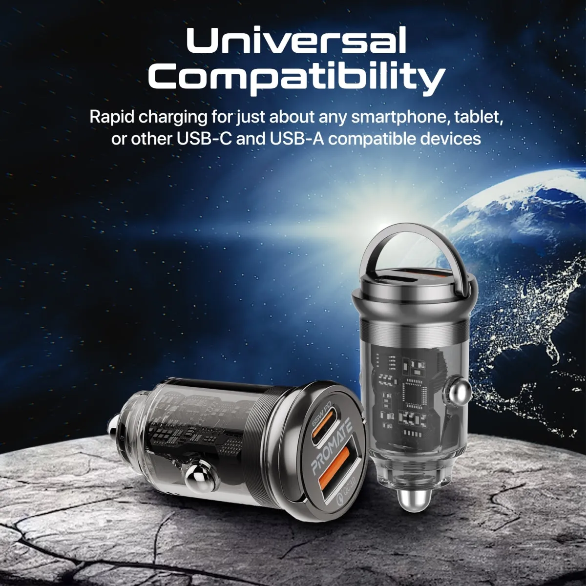 65W RapidCharge™ Transparent Mini Car Charger with Power Delivery & QC 3.0