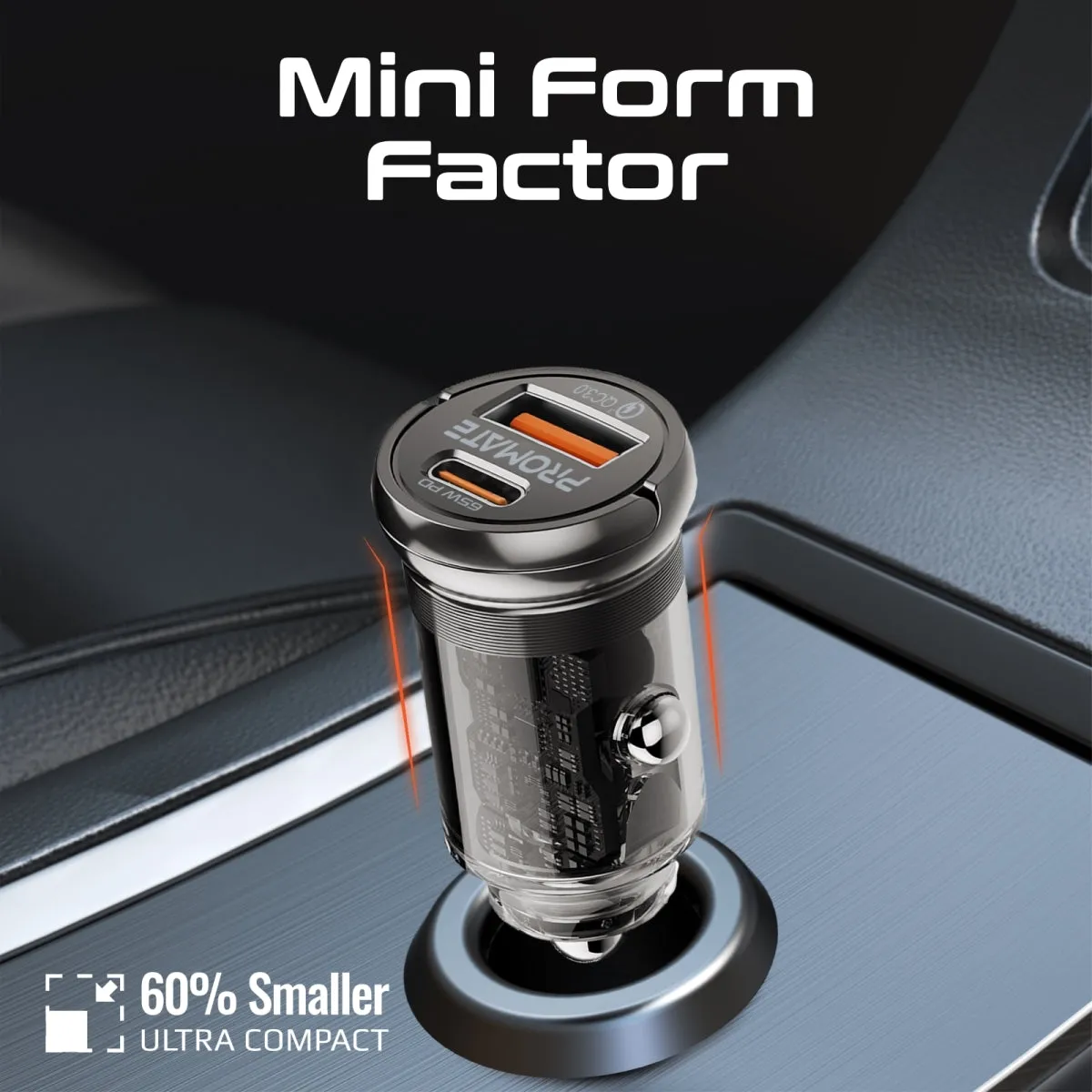 65W RapidCharge™ Transparent Mini Car Charger with Power Delivery & QC 3.0