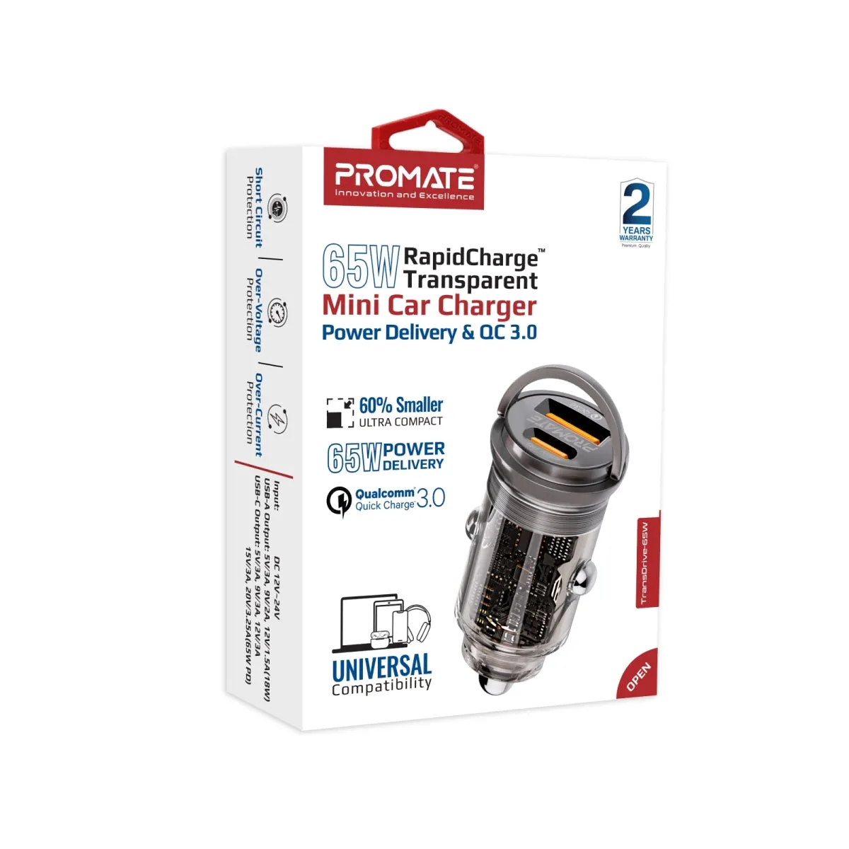 65W RapidCharge™ Transparent Mini Car Charger with Power Delivery & QC 3.0