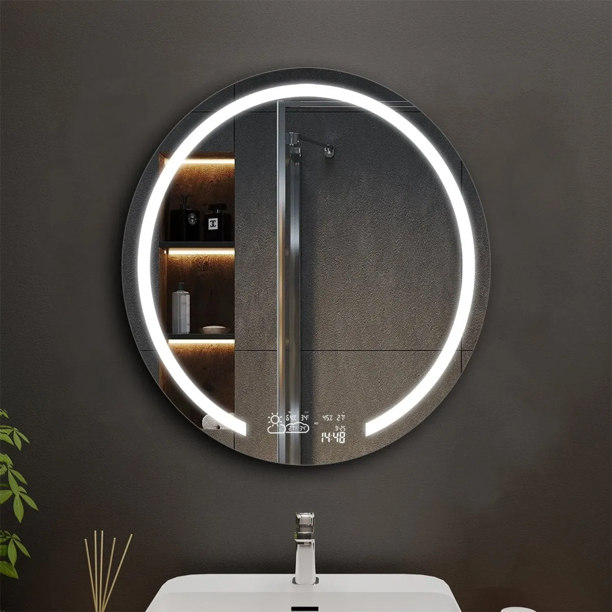 Allsumhome Loop Customized Round LED Bathroom Mirror, Wifi Weather Station