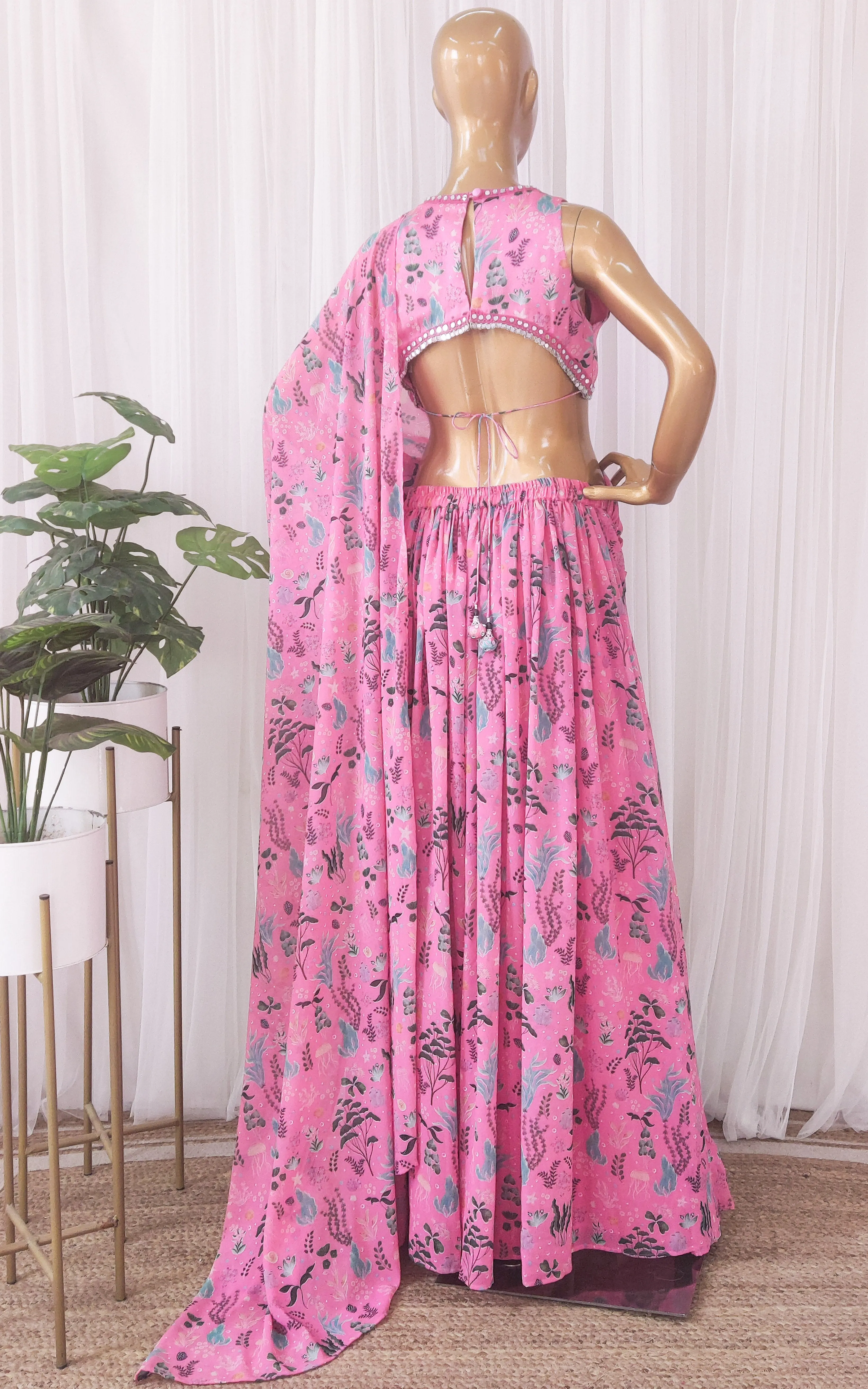 Ankita Arora Pink Aquatic Mirrorwork Crop Top-Sharara Saree