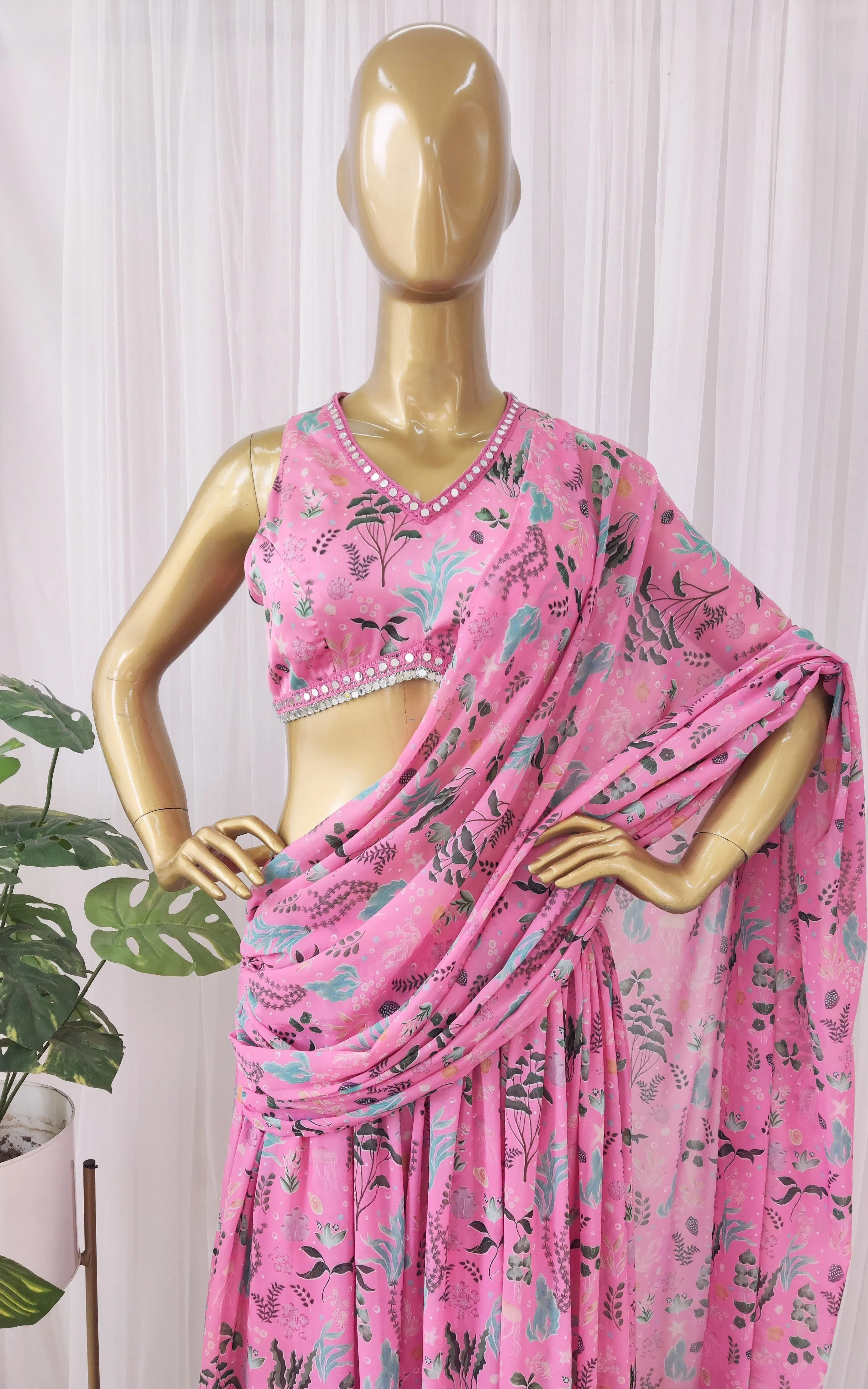 Ankita Arora Pink Aquatic Mirrorwork Crop Top-Sharara Saree