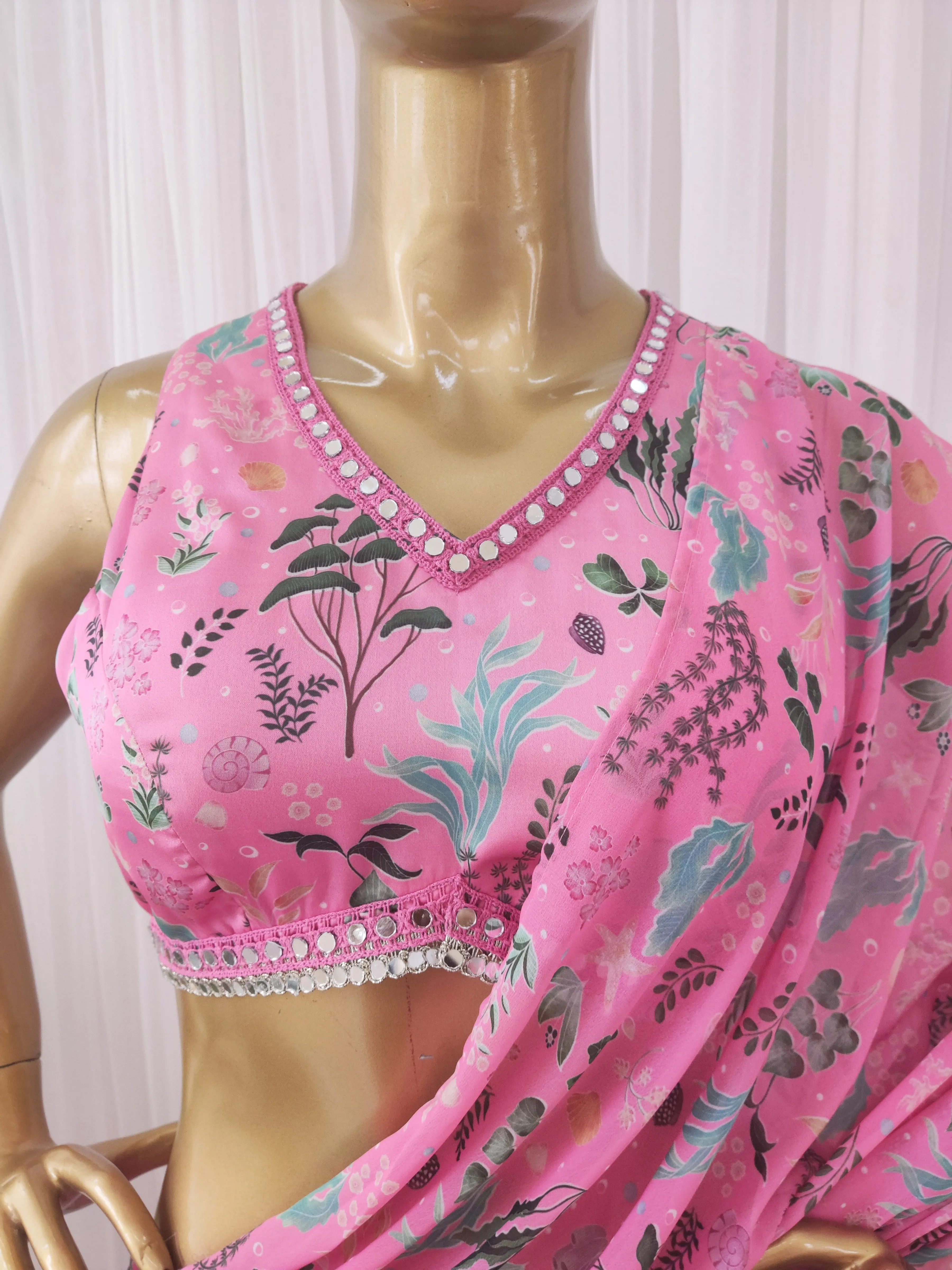 Ankita Arora Pink Aquatic Mirrorwork Crop Top-Sharara Saree