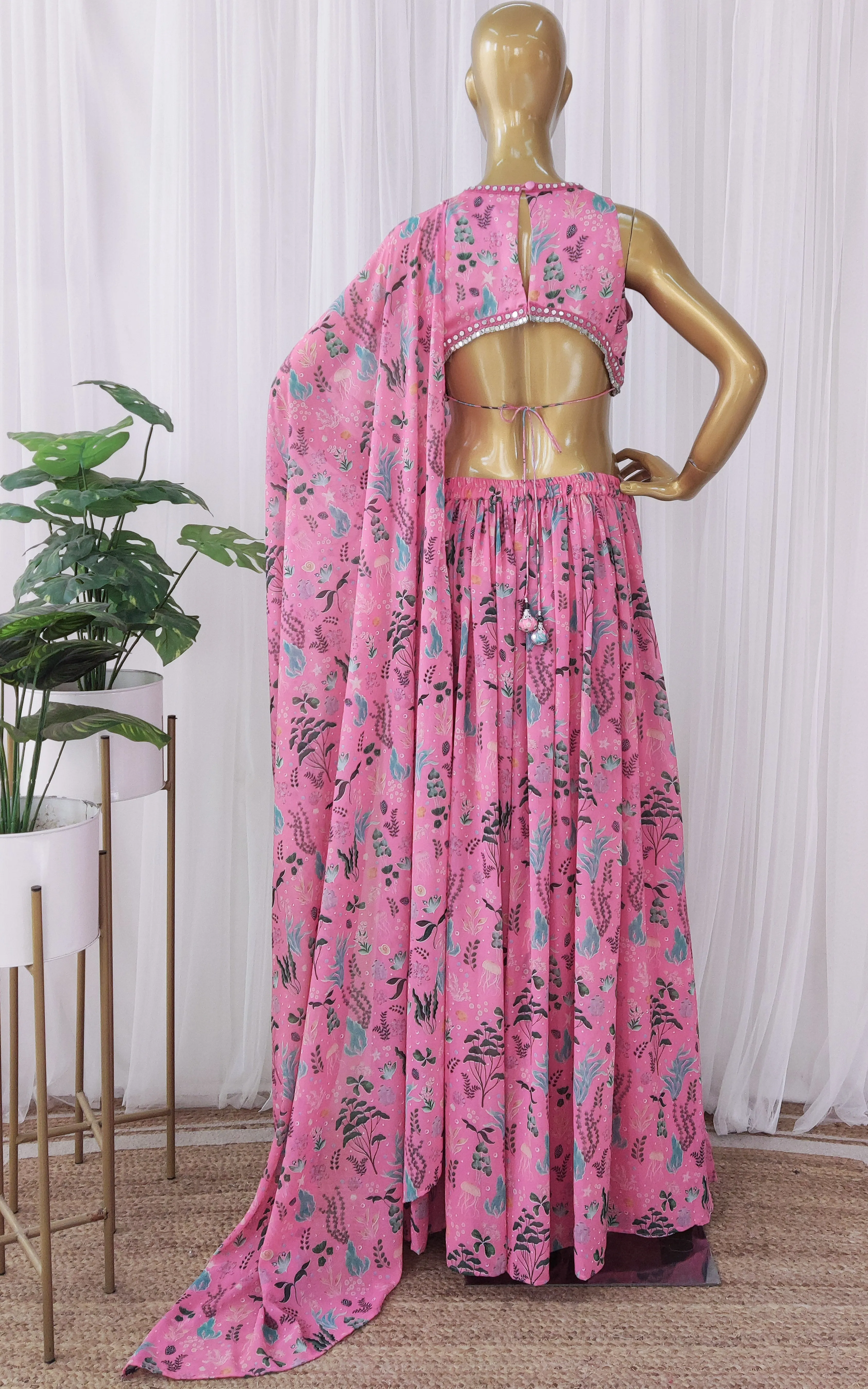 Ankita Arora Pink Aquatic Mirrorwork Crop Top-Sharara Saree