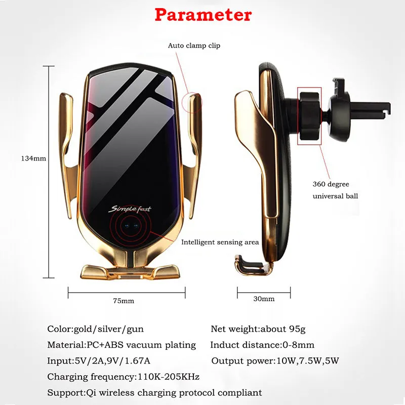 Automatic Clamp Car Wireless Charger 10W Quick Charge Mount Qi Infrared Sensor Phone Holder