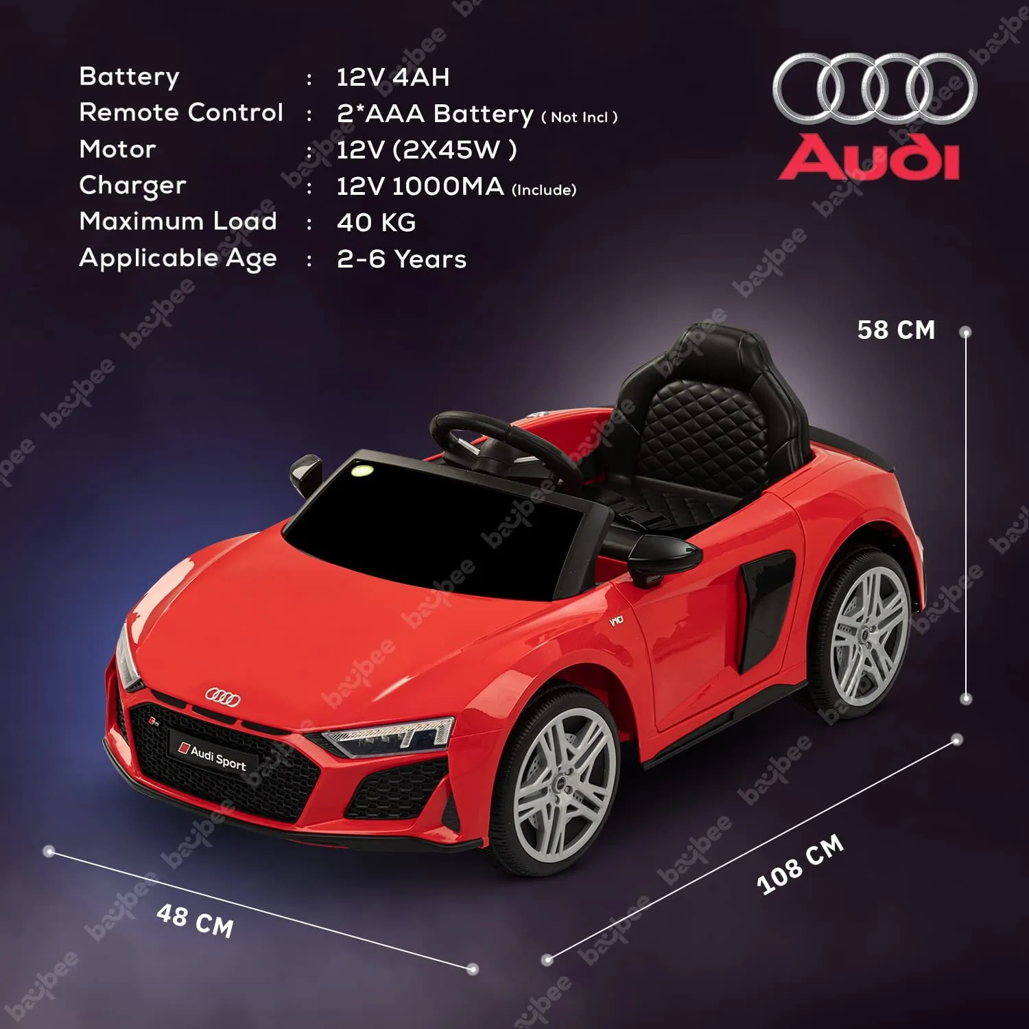 Baybee Official Licensed Audi R8 Battery Operated Car for Kids, Ride on Kids Car with Light & Music| Baby Big Car Rechargeable Battery Car | Electric Car for Kids to Drive 2 to 6 Years Boy Girl (Red)