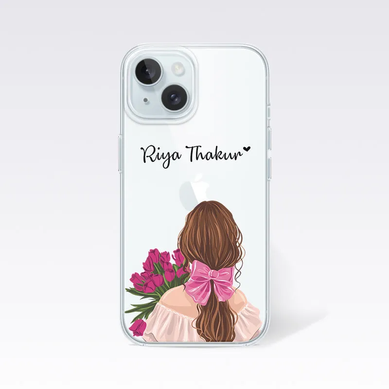 Beautiful Girl with Flowers Custom Name Clear Silicon Cover