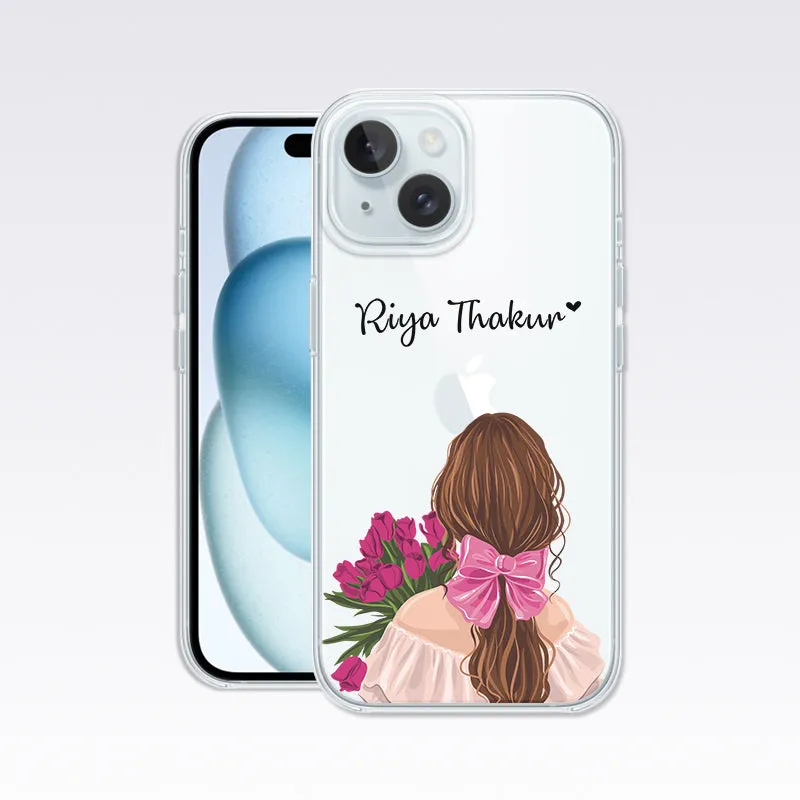 Beautiful Girl with Flowers Custom Name Clear Silicon Cover