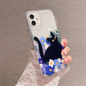 Black Cat With Flowers Clear Silicon Cover