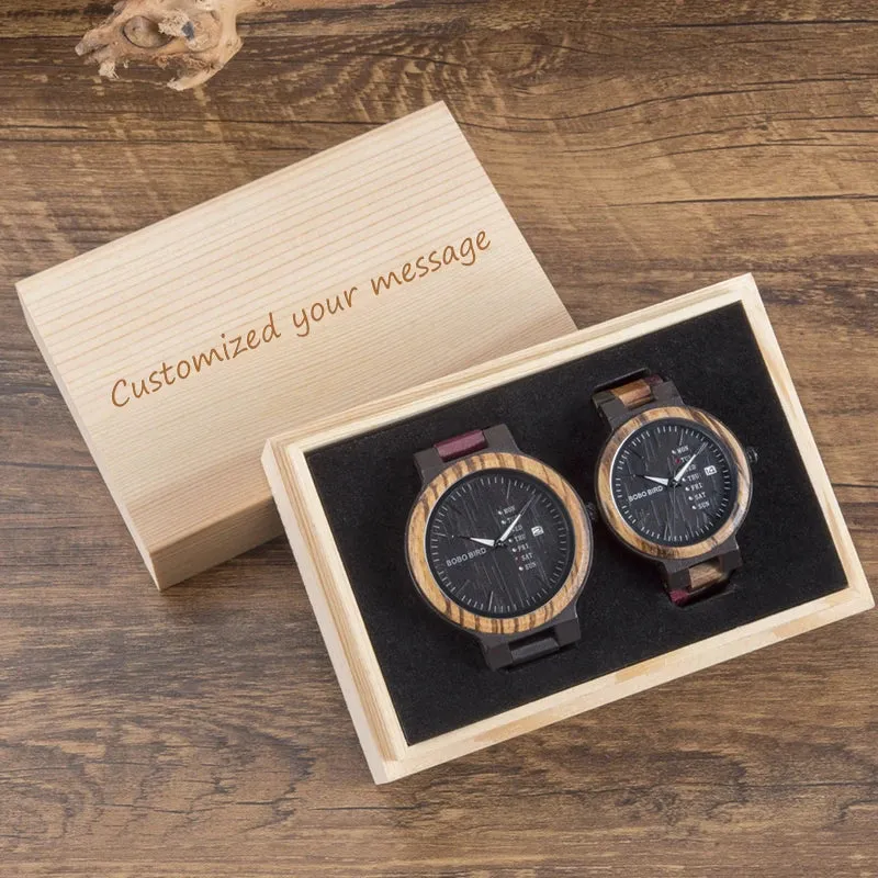 BOBOBIRD Customized Real Wood Couples Quartz Timepiece Set