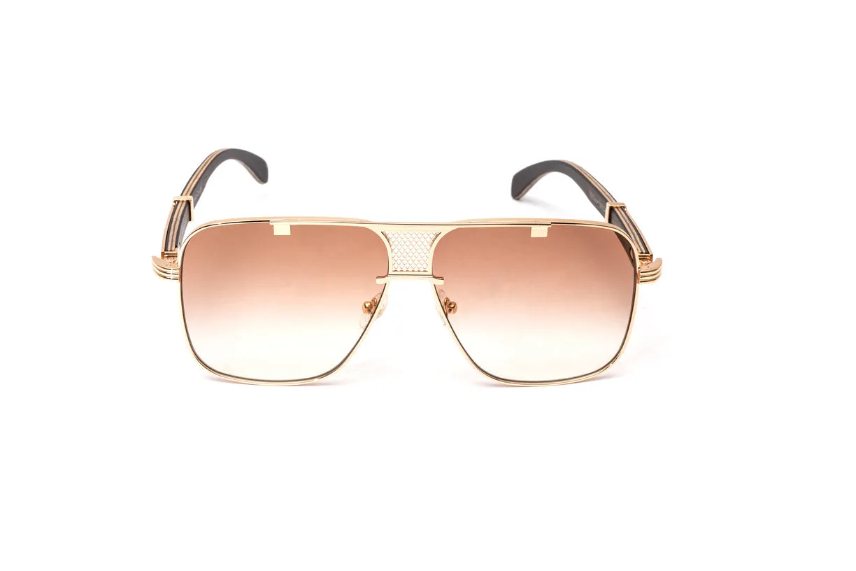 BRIGADE 18KT Rose Gold & Black Wood Navigator Sunglasses, Gradient Brown Lenses