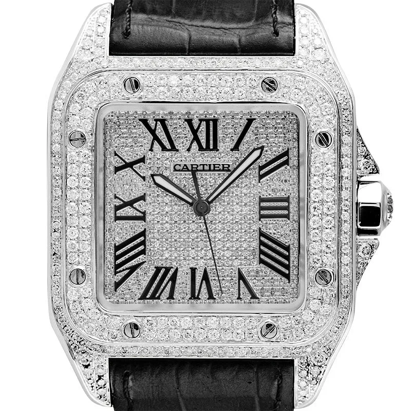 Cartier Santos 100 L Diamond Set Custom Watch Black Leather Strap W20073X8