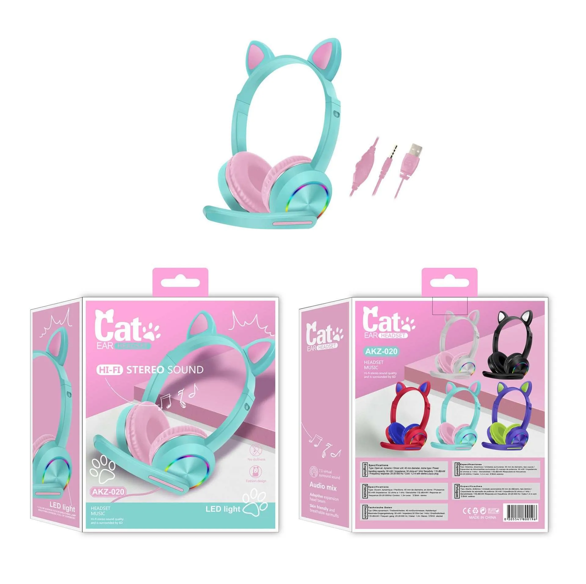 Children cat ear wired headset boy/girl 35mm stereo plug