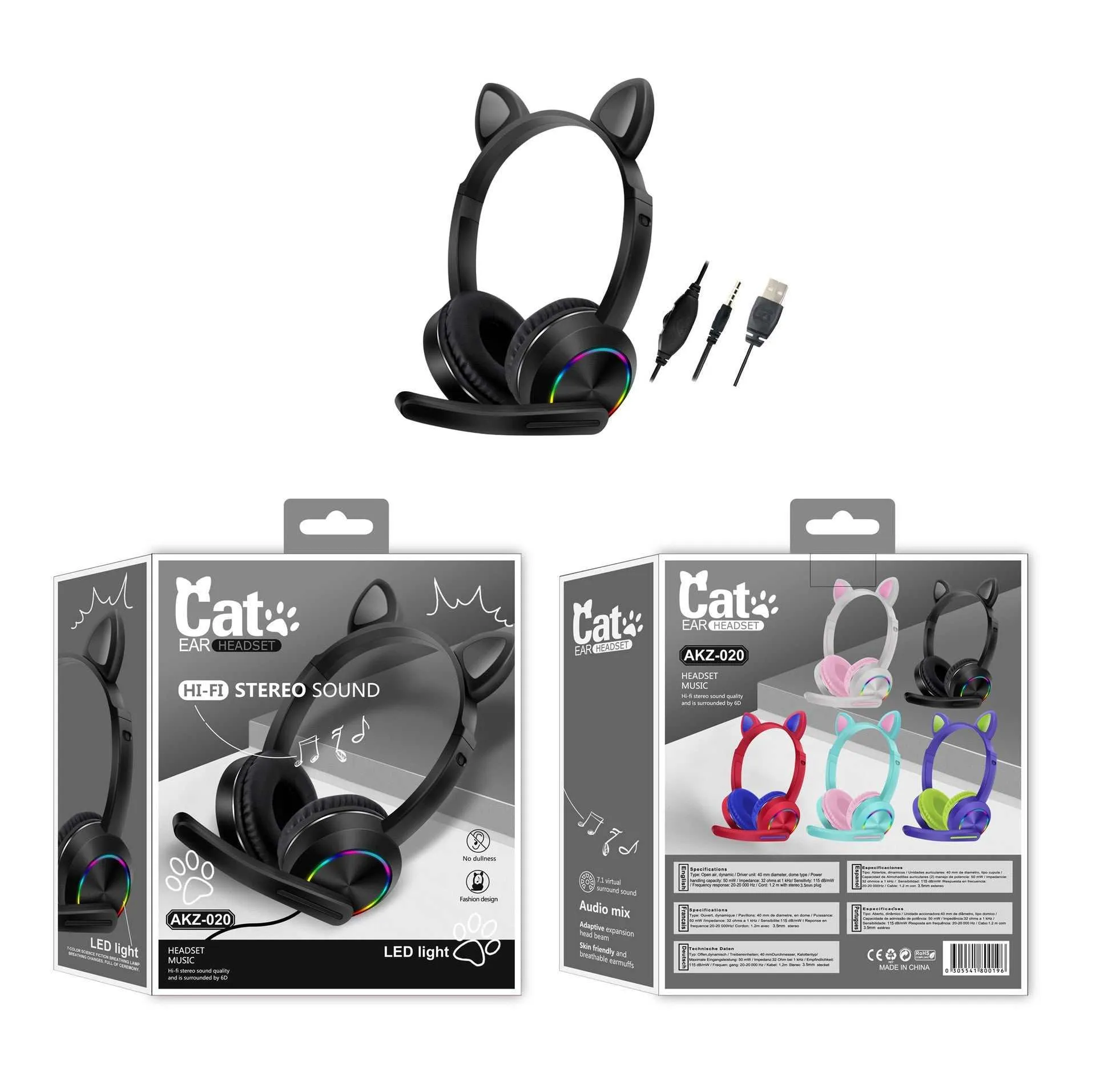 Children cat ear wired headset boy/girl 35mm stereo plug