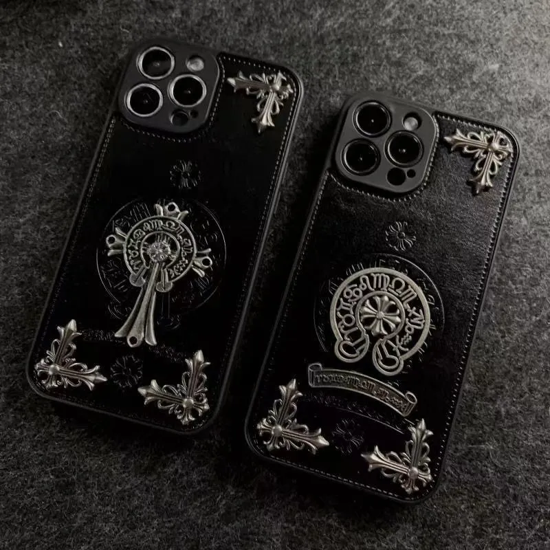 Chrome Hearts Leather Cross Print Phone Case For iPhone