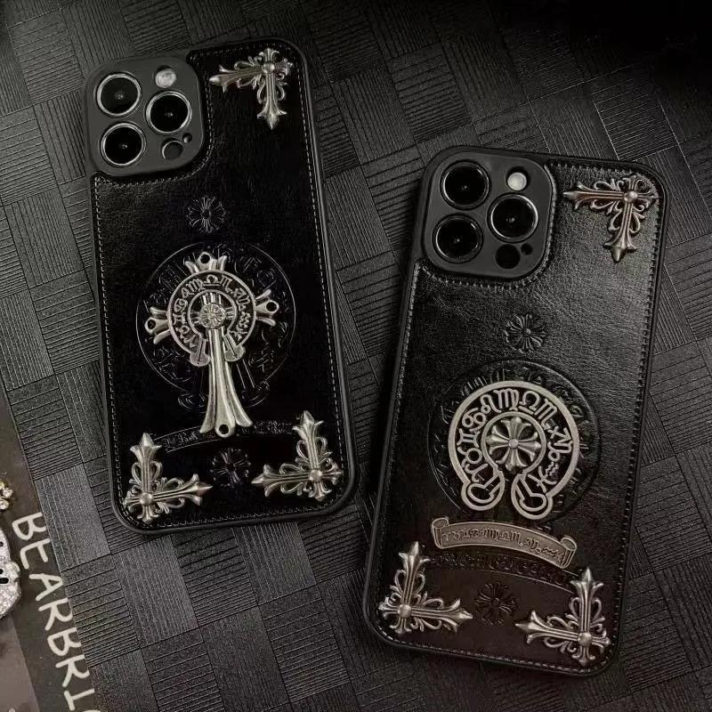 Chrome Hearts Leather Cross Print Phone Case For iPhone