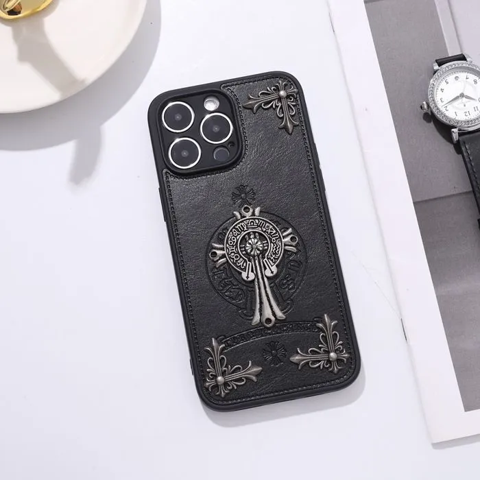 Chrome Hearts Leather Cross Print Phone Case For iPhone