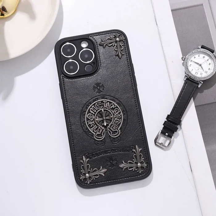 Chrome Hearts Leather Cross Print Phone Case For iPhone