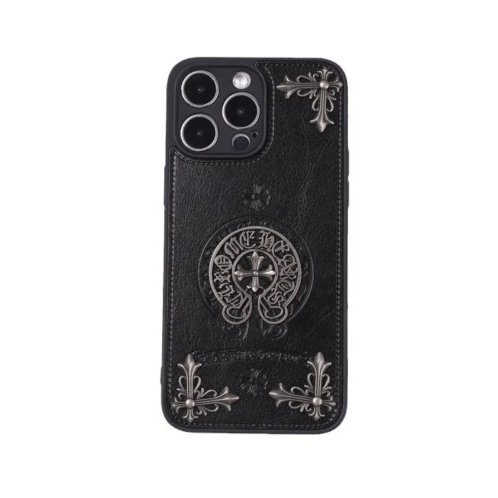 Chrome Hearts Leather Cross Print Phone Case For iPhone