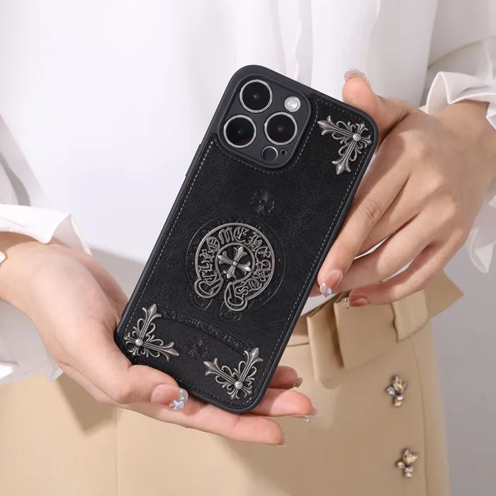 Chrome Hearts Leather Cross Print Phone Case For iPhone