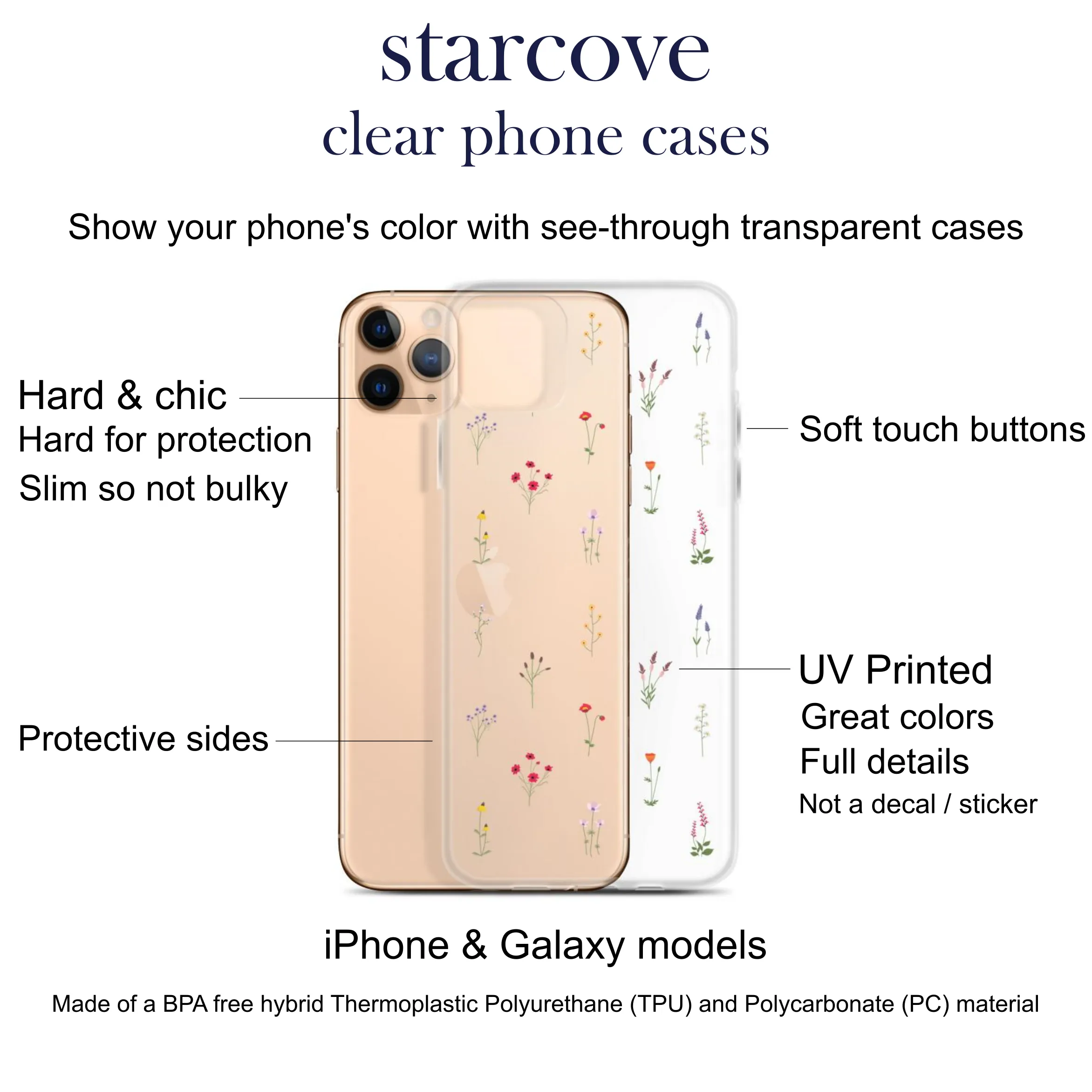 Clear Wildflowers Iphone 14 13 12 Pro Max Case, Transparent Cute Nature Flower Floral Print iPhone 11 Mini SE 2020 XS XR X 7 Plus 8 Cover