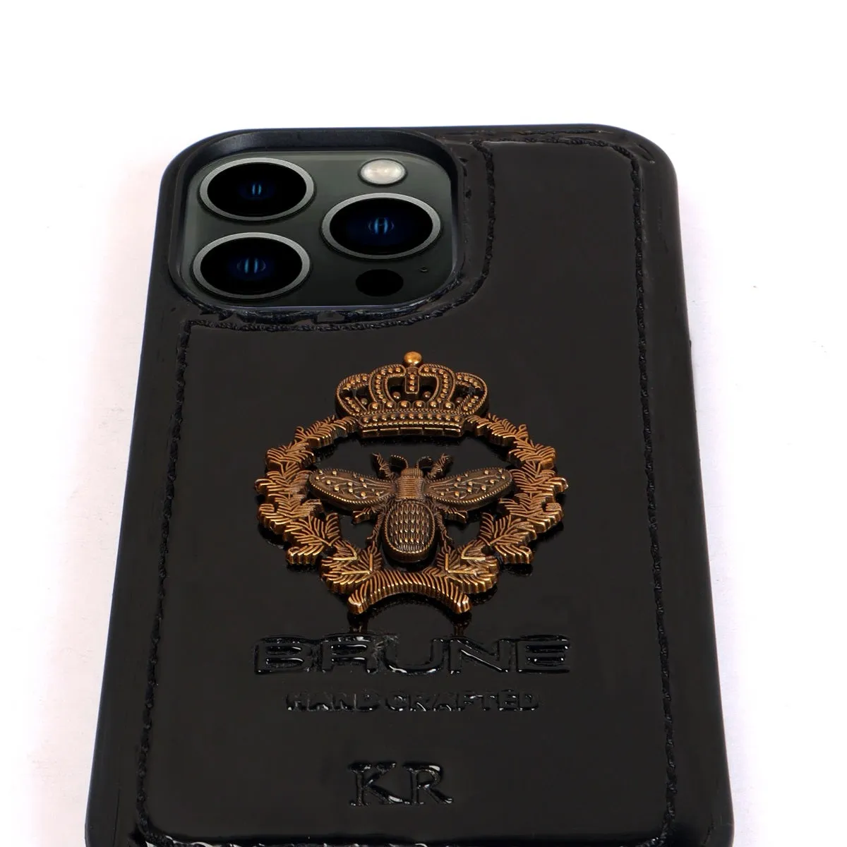 Customized Honey Bee Crest Zardosi Black Patent Leather Apple iPhone 13 Series Mobile Cover By Brune & Bareskin