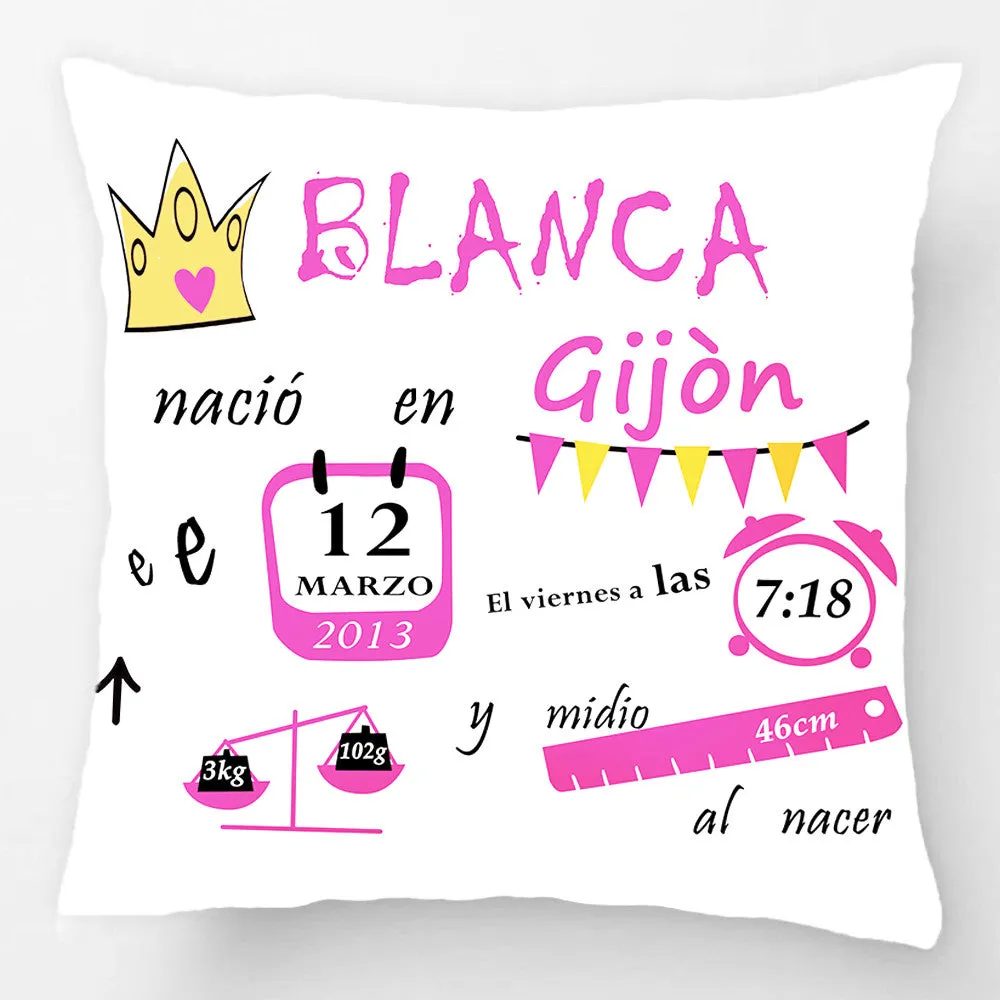 Customized With Birthday Baby Girl Cushion Birth Data Crown Pattern Pillow Decorative Cushion Cover Pillow Case Customize Gift