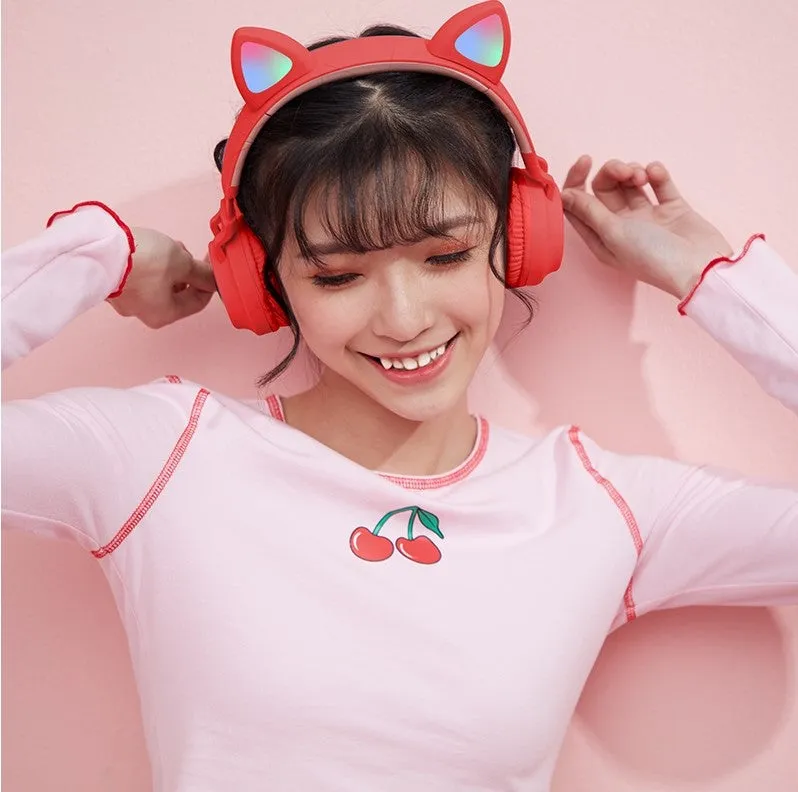 Cute Cat Ear Kids BT028C LED Light Bluetooth Luminous Heavy Bass Stereo Wireless Headphones