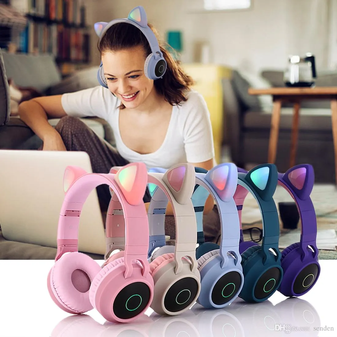 Cute Cat Ear Kids BT028C LED Light Bluetooth Luminous Heavy Bass Stereo Wireless Headphones