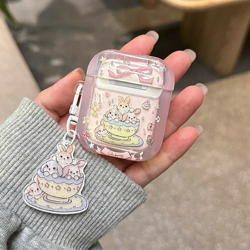 Cute Clear Pink Teacup Rabbit Cartoon Protective Cover AirPods Case   Bead Strap for AirPods 1 2 3 Pro 2 Generation Shockproof AirPods Case