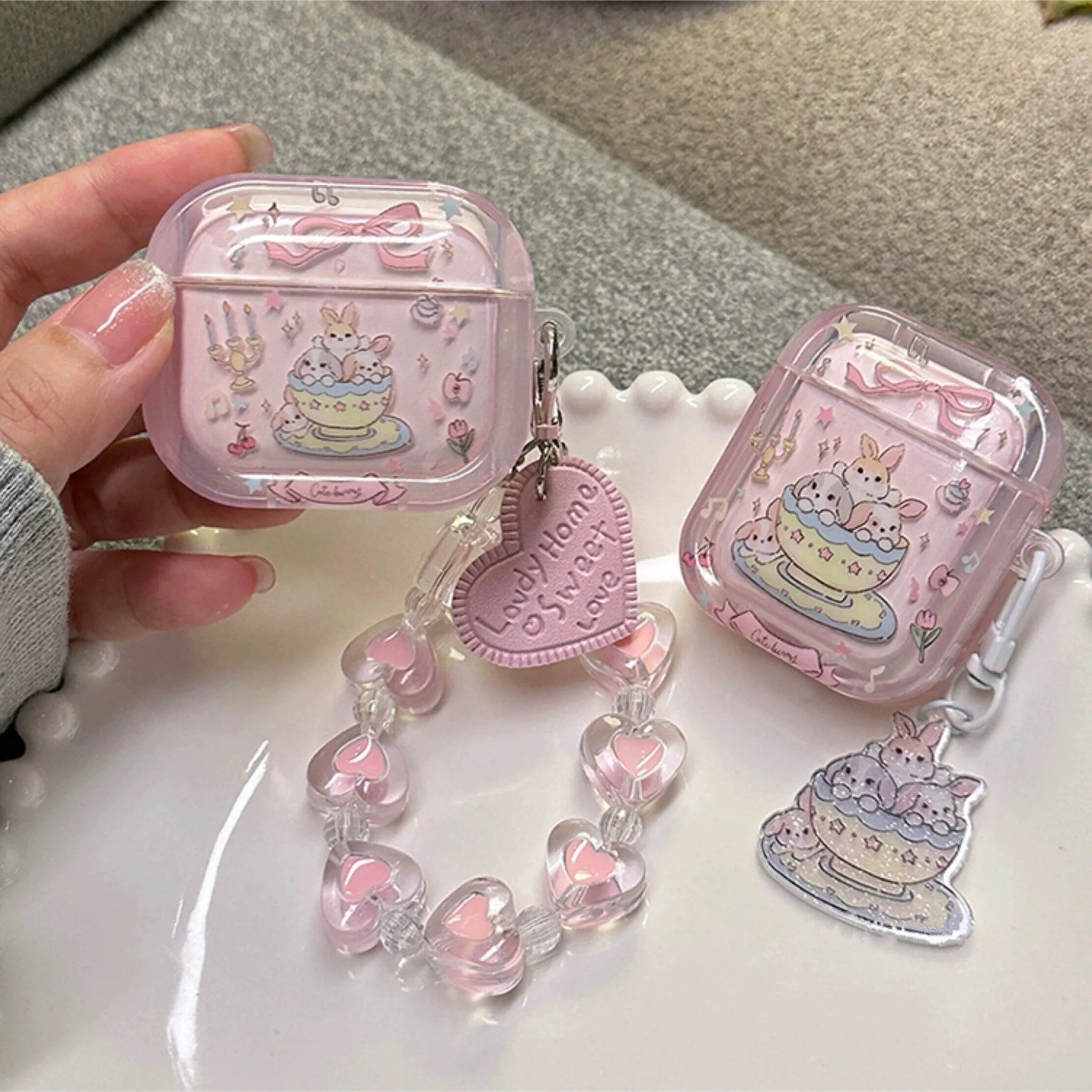 Cute Clear Pink Teacup Rabbit Cartoon Protective Cover AirPods Case   Bead Strap for AirPods 1 2 3 Pro 2 Generation Shockproof AirPods Case