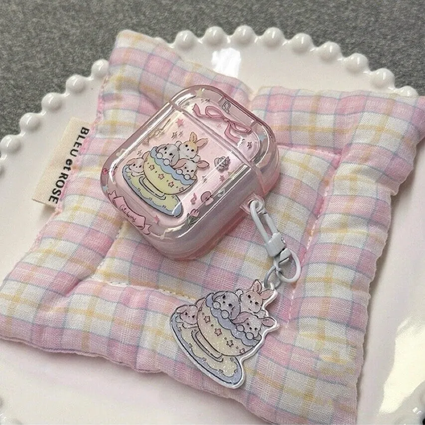 Cute Clear Pink Teacup Rabbit Cartoon Protective Cover AirPods Case   Bead Strap for AirPods 1 2 3 Pro 2 Generation Shockproof AirPods Case