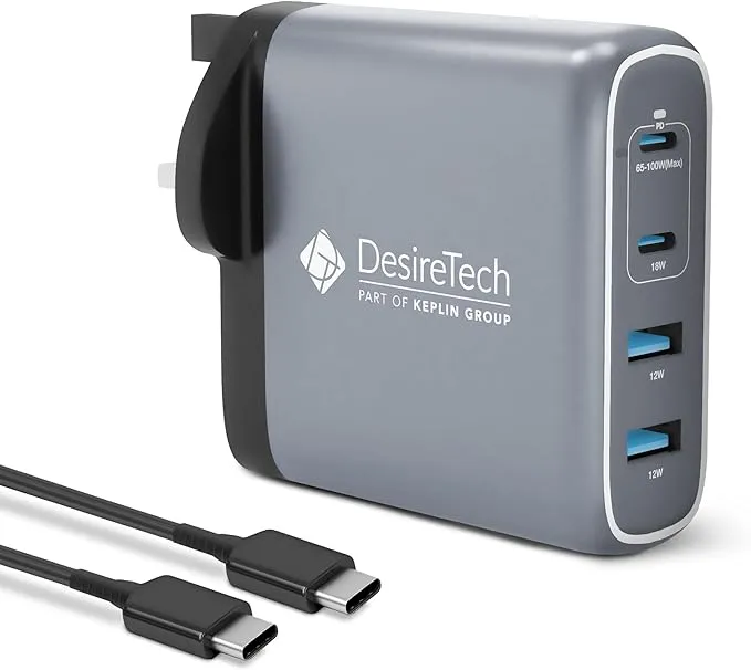 Desiretech 100W USB-C Charger with Cable & Pouch – Fast Charging 4-Port Adapter for MacBooks, iPhone 15, iPad, Samsung S Series, Google Pixel, Sony