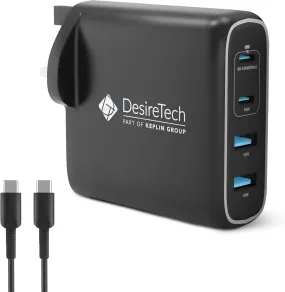 Desiretech 100W USB-C Charger with Cable & Pouch – Fast Charging 4-Port Adapter for MacBooks, iPhone 15, iPad, Samsung S Series, Google Pixel, Sony