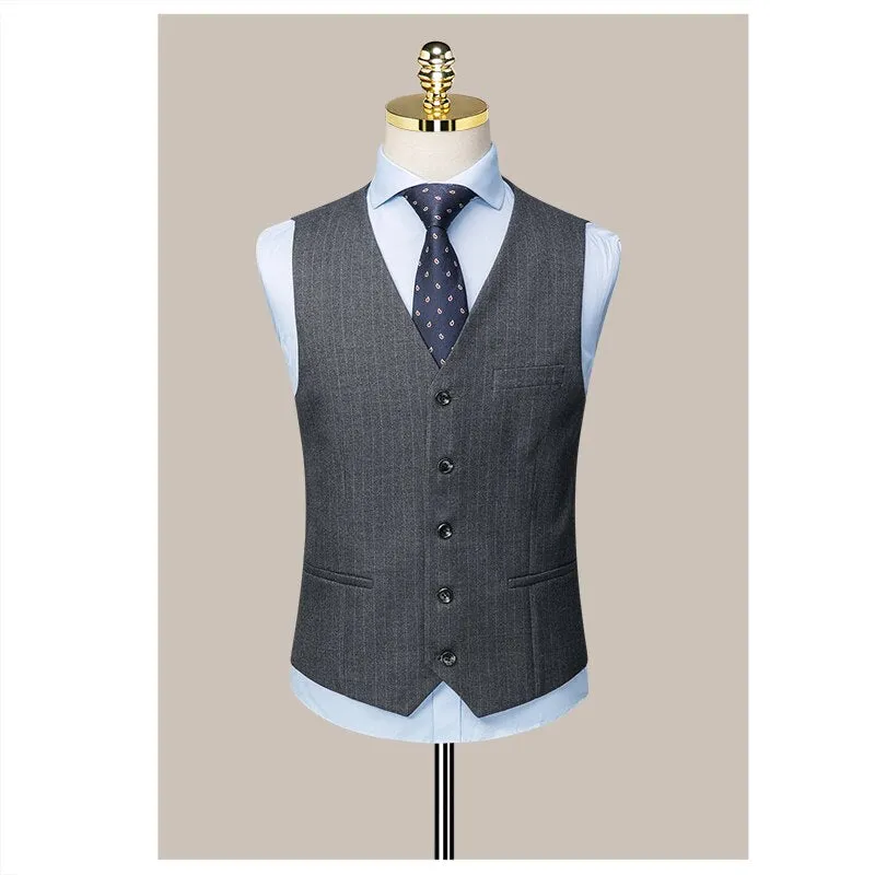 Double Breasted Business Suit Men's Slim Fitting Bridegroom's Wedding Dress British Style Stripe Customization