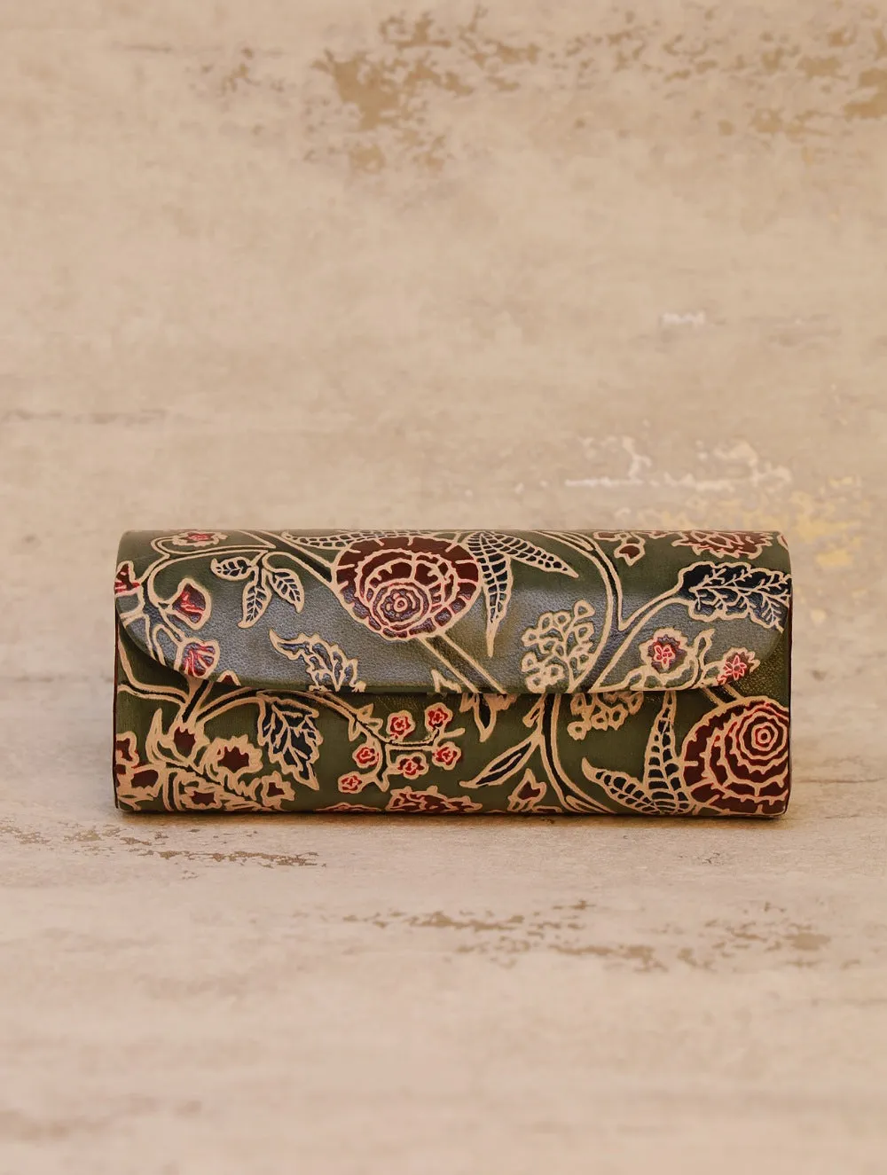 Embossed Leather Spectacle Case - Olive Floral