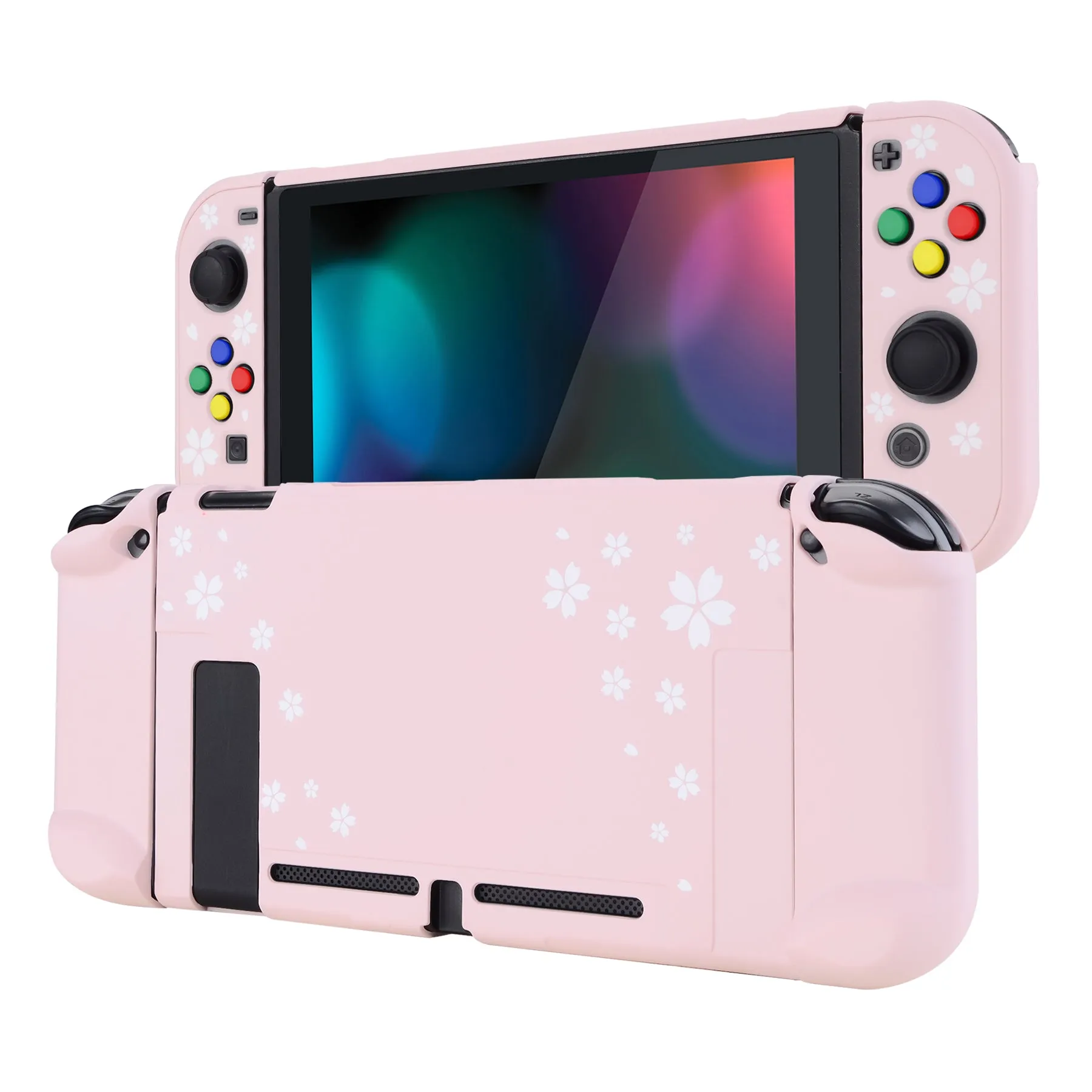 eXtremeRate PlayVital Cherry Blossoms Petals Back Cover for NS Switch Console, NS Joycon Handheld Controller Separable Protector Hard Shell, Dockable Protective Case with Colorful ABXY Direction Button Caps - NTT102