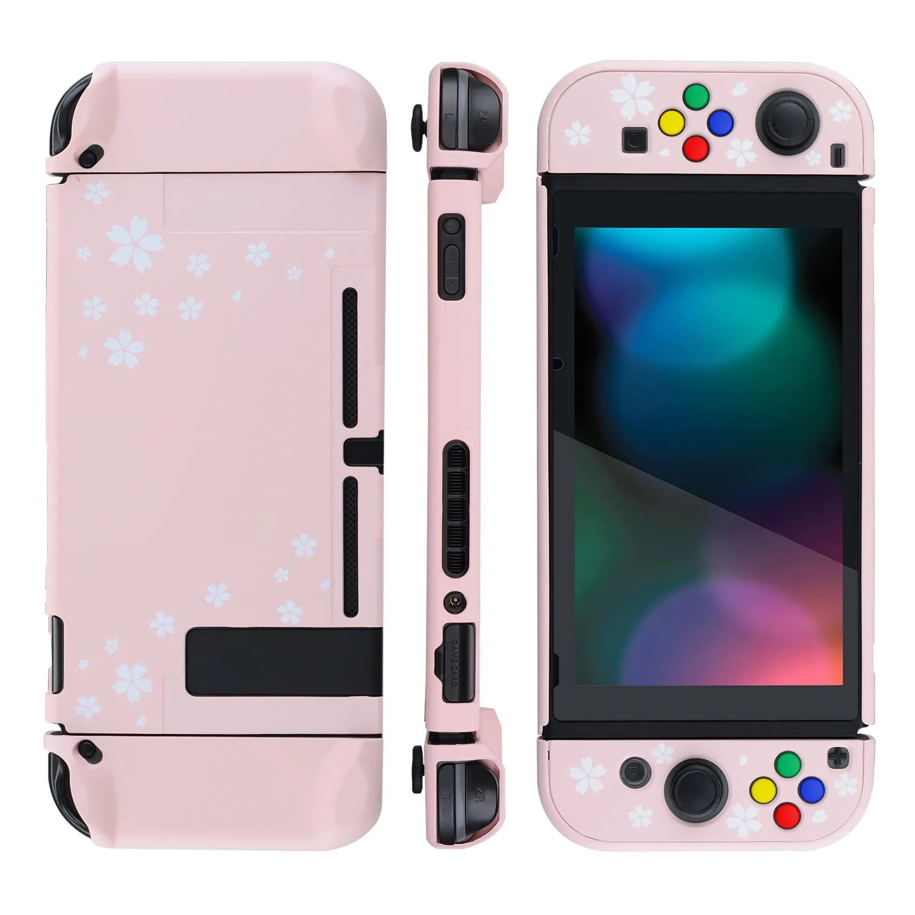 eXtremeRate PlayVital Cherry Blossoms Petals Back Cover for NS Switch Console, NS Joycon Handheld Controller Separable Protector Hard Shell, Dockable Protective Case with Colorful ABXY Direction Button Caps - NTT102