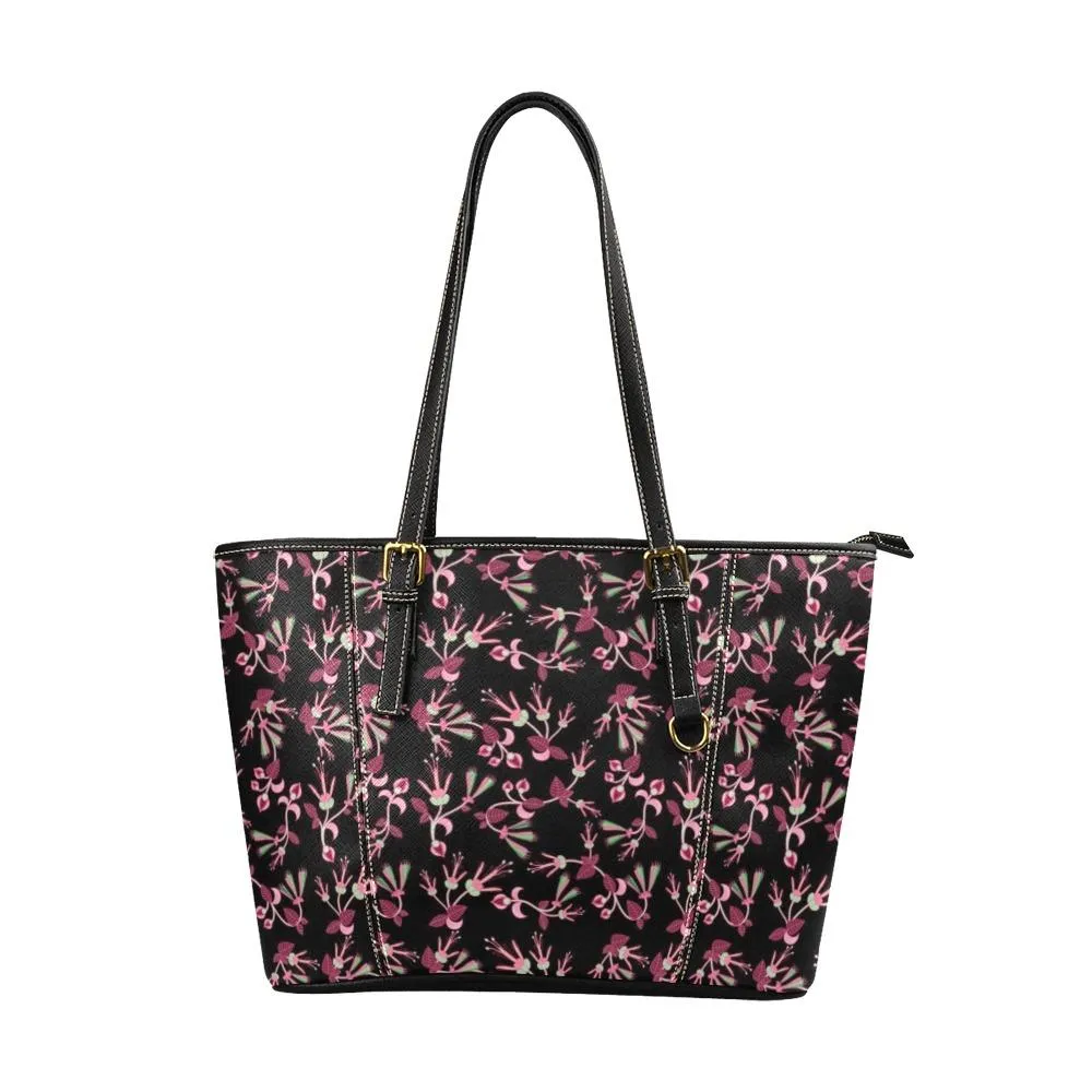 Floral Green Black Leather Tote Bag/Large