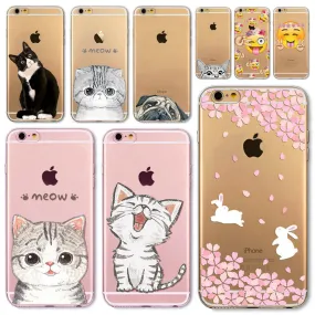 For Apple iPhone 7 6 6S 5 5S SE 7Plus 6sPlus 5C 4S Soft Silicon Transparent Phone Case Cover Cute Cat Rabbit Emojio Phone Capa