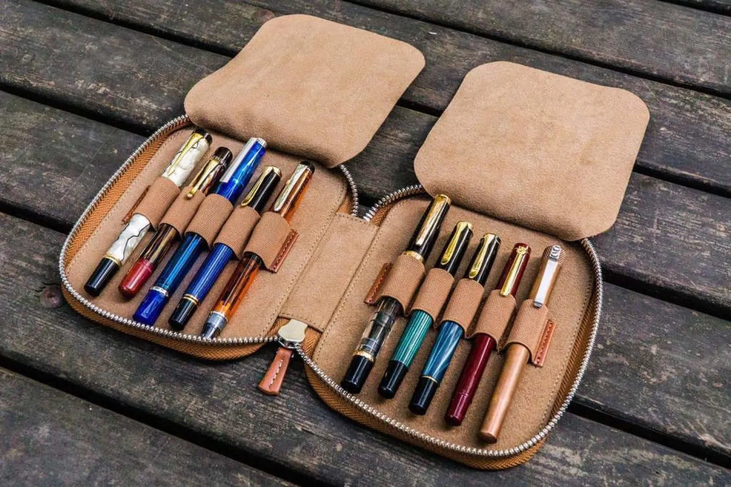 Galen Leather Pen Case Zippered 10 Slots in Brown