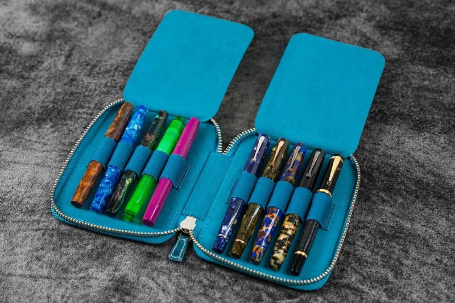 Galen Leather Pen Case Zippered 10 Slots in Crazy Horse Ocean Blue