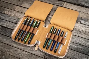 Galen Leather Pen Case Zippered 10 Slots in Undyed Leather